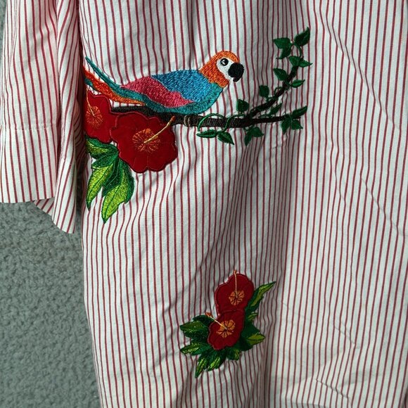 Bechamel 2X Red White Stripe Button Shirt Parrot‎ Floral Embroidered Cotton Top - Picture 6 of 13
